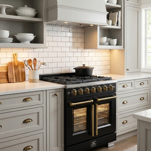 FORNO Appliance Package - 30" French Door Gas Range, 36" Refrigerator with Ice Maker, Dishwasher, 24" Microwave Drawer in Black with Antique Brass Accents, AP-FFSGS6460-30BLK-B