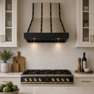 FORNO Ambassador Valente 36" 427 CFM Wall Mount Range Hood with 3 Speeds, LED Light in Fingerprint Resistant Black, Antique Brass and Copper Rivet Trim, FRHWM5099-36CPBLK