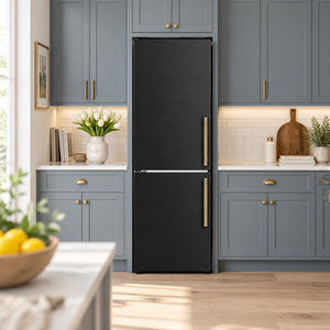 FORNO Custodia 23.4" 10.3 cu. ft. Left Swing Refrigerator with Bottom Freezer and Ice Maker in Black with Antique Brass Accents, FFFFD1766-24BLK-LS