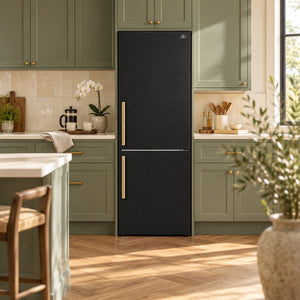FORNO Custodia 23.4" 10.3 cu. ft. Right Swing Refrigerator with Bottom Freezer in Black with Antique Brass Accents, FFFFD1766-24BLK-RS