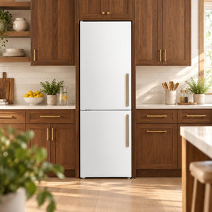 FORNO Custodia 23.4" 10.3 cu. ft. Left Swing Refrigerator with Bottom Freezer and Ice Maker in White with Antique Brass Accents, FFFFD1766-24WHT-LS