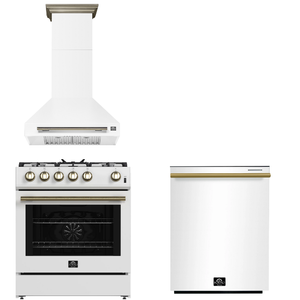 FORNO Espresso Package - 30" Gas Range, Wall Mount Range Hood, Dishwasher in White with Antique Brass Accents, AP3-1116WHT-A11