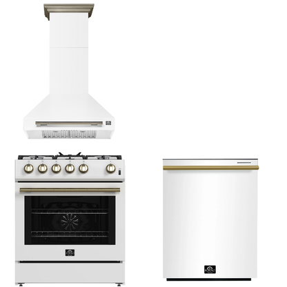 FORNO Espresso Package - 30" Gas Range, Wall Mount Range Hood, Dishwasher in White with Antique Brass Accents, AP3-1116WHT-A11