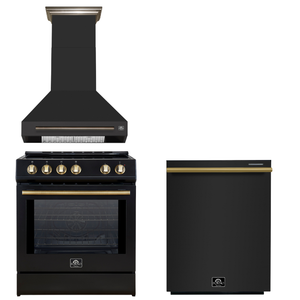 FORNO Espresso Package - 30" Induction Range, Wall Mount Range Hood, Dishwasher in Black with Antique Brass Accents, AP3-0982BLK-A11