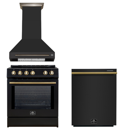 FORNO Espresso Package - 30" Induction Range, Wall Mount Range Hood, Dishwasher in Black with Antique Brass Accents, AP3-0982BLK-A11