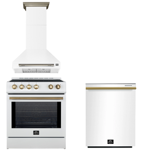FORNO Espresso Package - 30" Induction Range, Wall Mount Range Hood, Dishwasher in White with Antique Brass Accents, AP3-0982WHT-A11