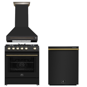 FORNO Espresso Package - 30" Gas Range, Wall Mount Range Hood, Dishwasher in Black with Antique Brass Accents, AP3-1116BLK-A11