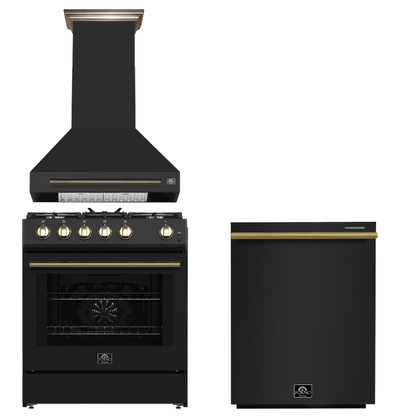 FORNO Espresso Package - 30" Gas Range, Wall Mount Range Hood, Dishwasher in Black with Antique Brass Accents, AP3-1116BLK-A11
