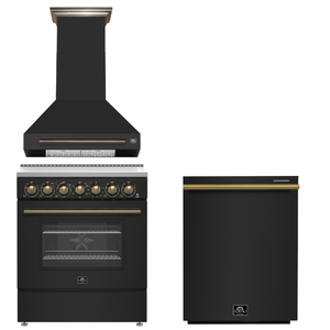 FORNO Paolo Package - 30" Electric Range, Wall Mount Range Hood, Dishwasher in Black with Antique Brass Accents, AP3-6011BLK-A11