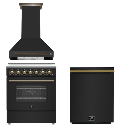 FORNO Paolo Package - 30" Electric Range, Wall Mount Range Hood, Dishwasher in Black with Antique Brass Accents, AP3-6011BLK-A11