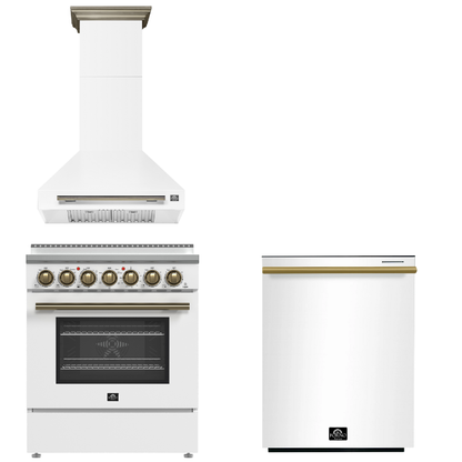 FORNO Paolo Package - 30" Electric Range, Wall Mount Range Hood, Dishwasher in White with Antique Brass Accents, AP3-6011WHT-A11