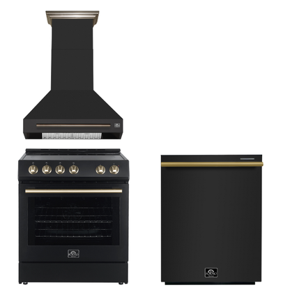 FORNO Espresso Package - 30" Electric Range, Wall Mount Range Hood, Dishwasher in Black with Antique Brass Accents, AP3-6012BLK-A11