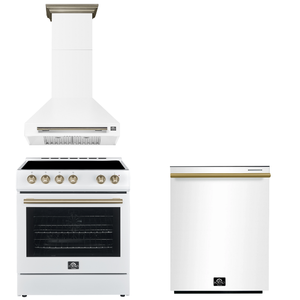 FORNO Espresso Package - 30" Electric Range, Wall Mount Range Hood, Dishwasher in White with Antique Brass Accents, AP3-6012WHT-A11