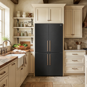 FORNO Appliance Package - 48" French Door Gas Range, Range Hood, 46.8" Custodia Refrigerator with Bottom Freezer and Ice Maker, Dishwasher, 24" Microwave Drawer in Black with Antique Brass Accents, AP-FFSGS6460-48BLK-D