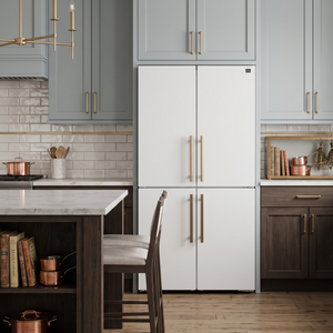 FORNO Appliance Package - 36" French Door Gas Range, Range Hood, 46.8" Custodia Refrigerator with Bottom Freezer and Ice Maker, Dishwasher, 24" Microwave Drawer in White with Antique Brass Accents, AP-FFSGS6460-36WHT-D