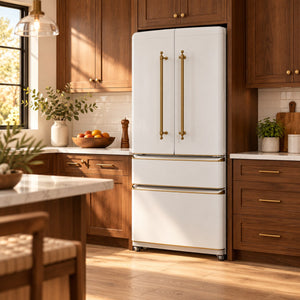 FORNO Espresso Luigi 33" 18 cu. ft. French Door Refrigerator in White with Antique Brass Handles, FFFFD1791-33WHT
