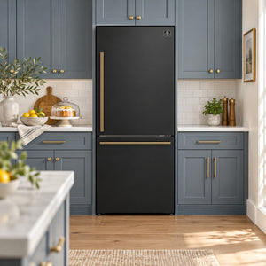 FORNO Espresso Milano 31" 17.2 cu. ft. Right Swing Refrigerator and Bottom Freezer in Black with Antique Brass Handles, FFFFD1785-31BLK