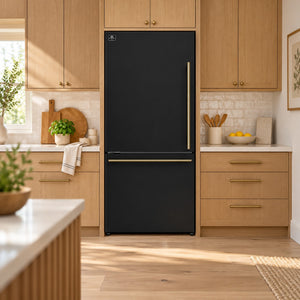 FORNO Espresso Milano 31" 17.2 cu. ft. Left Swing Refrigerator and Bottom Freezer with Ice Maker in Black and Antique Brass Handles, FFFFD1786-31BLK