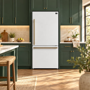 FORNO Espresso Milano 31" 17.2 cu. ft. Right Swing Refrigerator and Bottom Freezer in White with Antique Brass Handles, FFFFD1785-31WHT