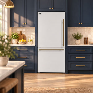 FORNO Espresso Milano 31" 17.2 cu. ft. Left Swing Refrigerator and Bottom Freezer with Ice Maker in White and Antique Brass Handles, FFFFD1786-31WHT