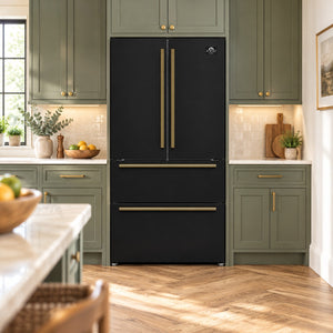 FORNO Espresso Moena 36" 19.2 cu. ft. Counter Depth Refrigerator with Ice Maker in Black with Antique Brass Handles, FFRBI1820-36BLK