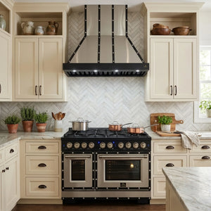 FORNO Ambassador Valente 48" 304 CFM Wall Mount Range Hood with 3 Speeds, LED Light in Fingerprint Resistant Black, Antique Brass and Copper Rivet Trim, FRHWM5099-48CPBLK