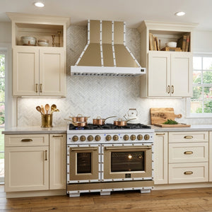 FORNO Ambassador Valente 48" 6.7 cu. ft. Dual Fuel Range, 8 Sealed Burners, Convection Oven in White with Antique Brass Accents and Copper Rivet Trim, FFSGS6199-48CPWHT