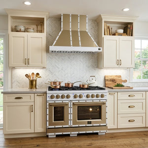 FORNO Ambassador Valente 48" 304 CFM Wall Mount Range Hood with 3 Speeds, LED Light in Fingerprint Resistant White, Antique Brass and Copper Rivet Trim, FRHWM5099-48CPWHT