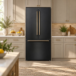FORNO Rivello 36" French Door Standard Depth Refrigerator with Water and Ice Dispenser in Black with Antique Brass Accents, FFFFD1783-36BLK