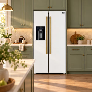 FORNO Espresso Salerno 36" 20 cu. ft. Side-By-Side Refrigerator with Water and Ice Dispenser in White with Antique Brass Handles