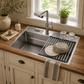 FORNO Acqua 33" Drop-In/Undermount 3 Level Workstation Sink, Waterfall Faucet, Glass Rinser in Stainless Steel, D-XP30