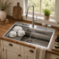 FORNO Acqua 33" Drop-In/Undermount 3 Level Workstation Sink, Retractable Faucet, Glass Rinser in Stainless Steel, D-XP31