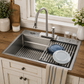 FORNO Acqua 33" Drop-In/Undermount 3 Level Workstation Sink, Waterfall Faucet, Glass Rinser in Stainless Steel, E-XP30