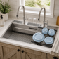FORNO Acqua 48" Drop-In/Undermount 3 Level Workstation Sink, 2 Faucets, Glass Rinser in Stainless Steel, J-WP30