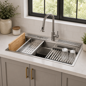 FORNO Acqua 33" Drop-In/Undermount 3 Level Workstation Sink, Waterfall Faucet, Glass Rinser in Stainless Steel, D-WP30