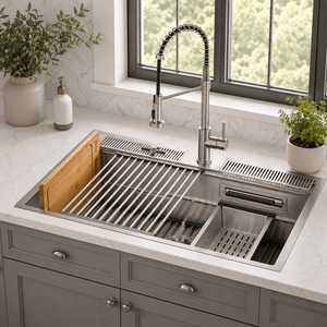 FORNO Acqua 33" Drop-In/Undermount 3 Level Workstation Sink, Chef Faucet, Glass Washing Station in Stainless Steel, D-WP31