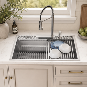 FORNO Acqua 33" Drop-In/Undermount 3 Level Workstation Sink, Waterfall Faucet, Glass Rinser in Stainless Steel, E-XP31