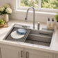 FORNO Acqua 33" Drop-In/Undermount 3 Level Workstation Sink, Waterfall Faucet, Glass Rinser in Stainless Steel, E-ZP30