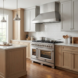 FORNO Capriasca 48" 6.58 cu. ft. Dual Fuel Range with 8 Brass Burners, Air Fryer Kit, Rotisserie Kit, Wok Support & Griddle in Stainless Steel, FFSGS6387-48