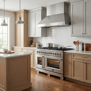 FORNO Appliance Package - 48" French Door Dual Fuel Range, Range Hood, 36" Refrigerator, Dishwasher, 24" Microwave Drawer