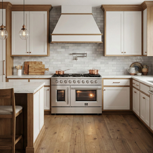FORNO Galiano Package - 48" French Door Gas Range, Range Hood, 36" Refrigerator with Ice Maker, Dishwasher, 24" Microwave Drawer in Stainless Steel, AP-FFSGS6444-48-C