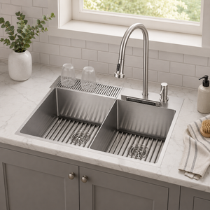 FORNO Acqua 33" Drop-In/Undermount 40/60 Double Bowl Sink, Retractable and Waterfall Faucet in Stainless Steel, H-XN30