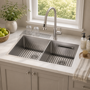FORNO Acqua 33" Drop-In/Undermount 40/60 Double Bowl Sink, Retractable and Waterfall Faucet in Stainless Steel, H-ZN30