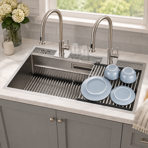 FORNO Acqua 48" Drop-In/Undermount 3 Level Workstation Sink, 2 Faucets, Glass Rinser in Stainless Steel, J-WP30