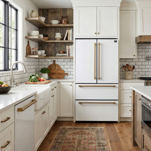 FORNO Appliance Package - 36" French Door Gas Range, 36" Refrigerator with Ice Maker, Dishwasher, 24" Microwave Drawer in White with Antique Brass Accents, AP-FFSGS6460-36WHT-B