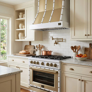 FORNO Ambassador Valente 36" 427 CFM Wall Mount Range Hood with 3 Speeds, LED Light in Fingerprint Resistant White, Antique Brass and Copper Rivet Trim, FRHWM5099-36CPWHT