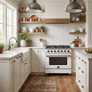 FORNO Galiano Package - 36" Chef Door Gas Range, Range Hood, 36" Refrigerator with Ice Maker, Dishwasher, 24" Microwave Drawer in White with Antique Brass Accents, AP-FFSGS6244-36WHT-C