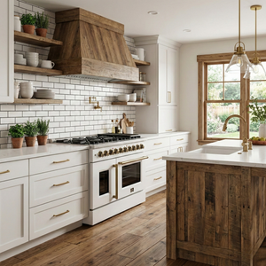 FORNO Galiano Package - 48" French Door Gas Range, Range Hood, 36" Refrigerator with Ice Maker, Dishwasher, 24" Microwave Drawer in White with Antique Brass Accents, AP-FFSGS6444-48WHT-C