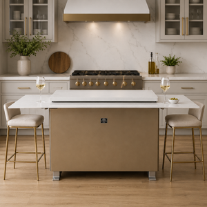 FORNO Elevato Smart Bar Table with 5.2 cu. ft. Fridge/Freezer, Motorized Lift System, Bluetooth Control in White and Luxury Champagne Finish, FBTFR7037-72WHT