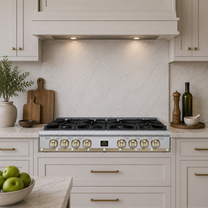 FORNO Ambassador Valente 48" Gas Cooktop, 8 Sealed Burners with 2 Dual Ring Burners, Cast Iron Grates in White with Antique Brass Accents and Copper Rivet Trim, FCTGS5799-48CPWHT